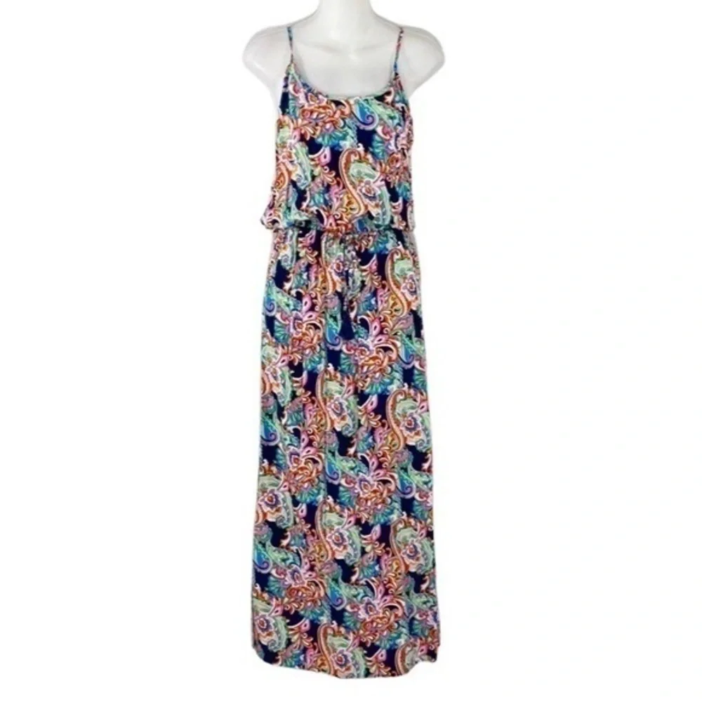 Tommy Bahama Mare Multi Paisley Print Elastic Tie Waist Slit Side Maxi Dress S
